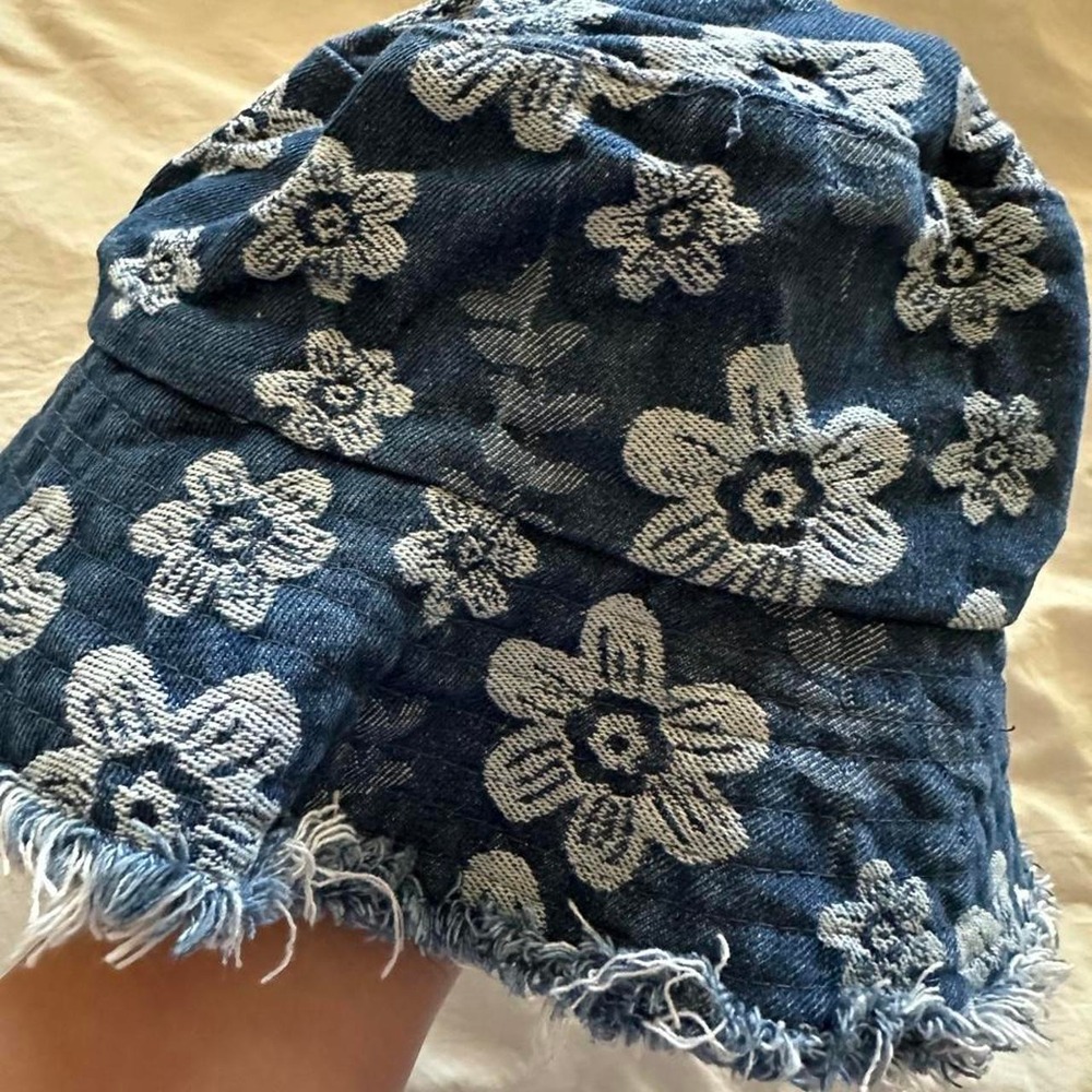 Denim Bucket Hat Blue Floral Frayed Raw Edge Festival Sun Casual Festival Cotton